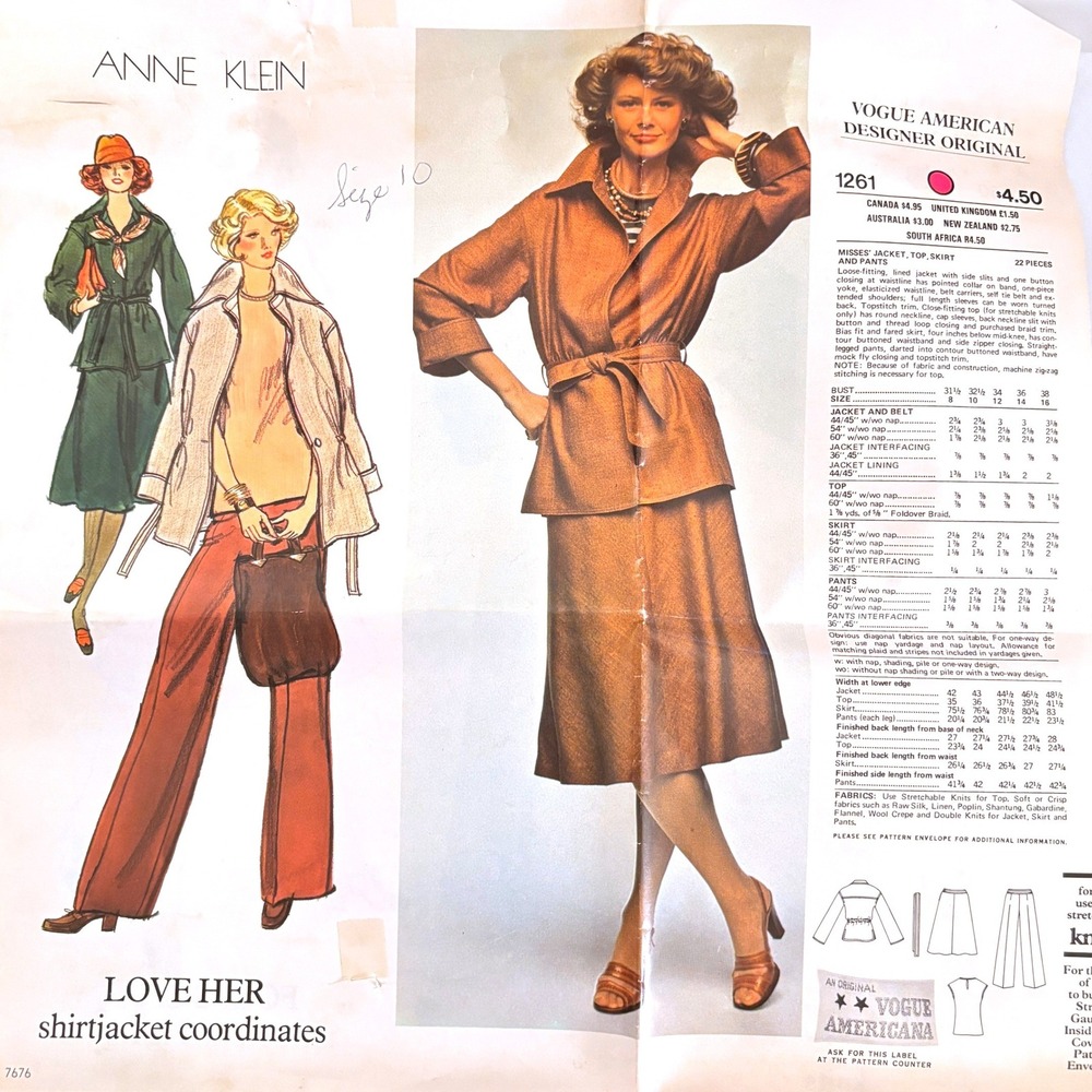 Vogue 1261 Anne Klein Belted Jacket Top Bias Skirt Pants Sz 10 Catalog Pg UC